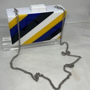 Lucite White Yellow Blue Black Diagonal Stripe Clutch Shoulder Crossbody Bag